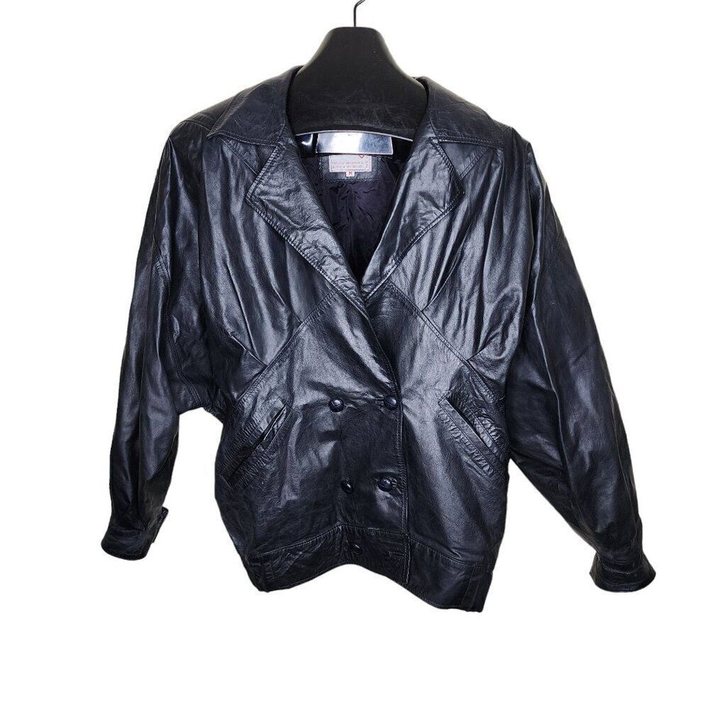 Vintage 80s Oversized Leather Jacket Womens Size M Black Double Breasted Shoulde